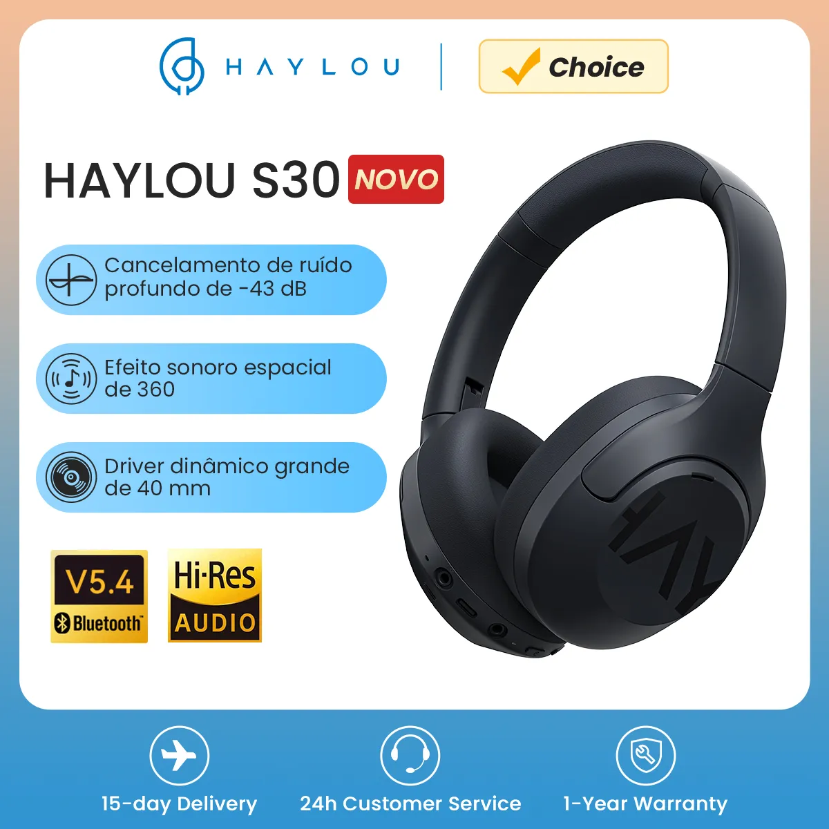 [R$ 116 Com Moedas+Gpay/Taxa Inclusa] Fone Bluetooth Haylou S30, Bluetooth 5.4, Cancelamento De Rudo, Driver De 40mm